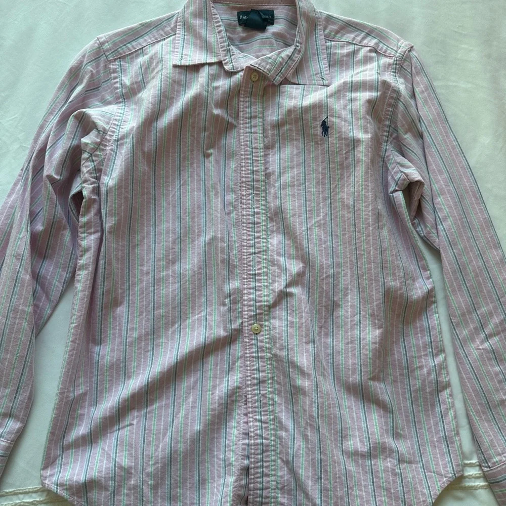Ralph Lauren Pink and Green Stripe Cotton Button-Down Shirt